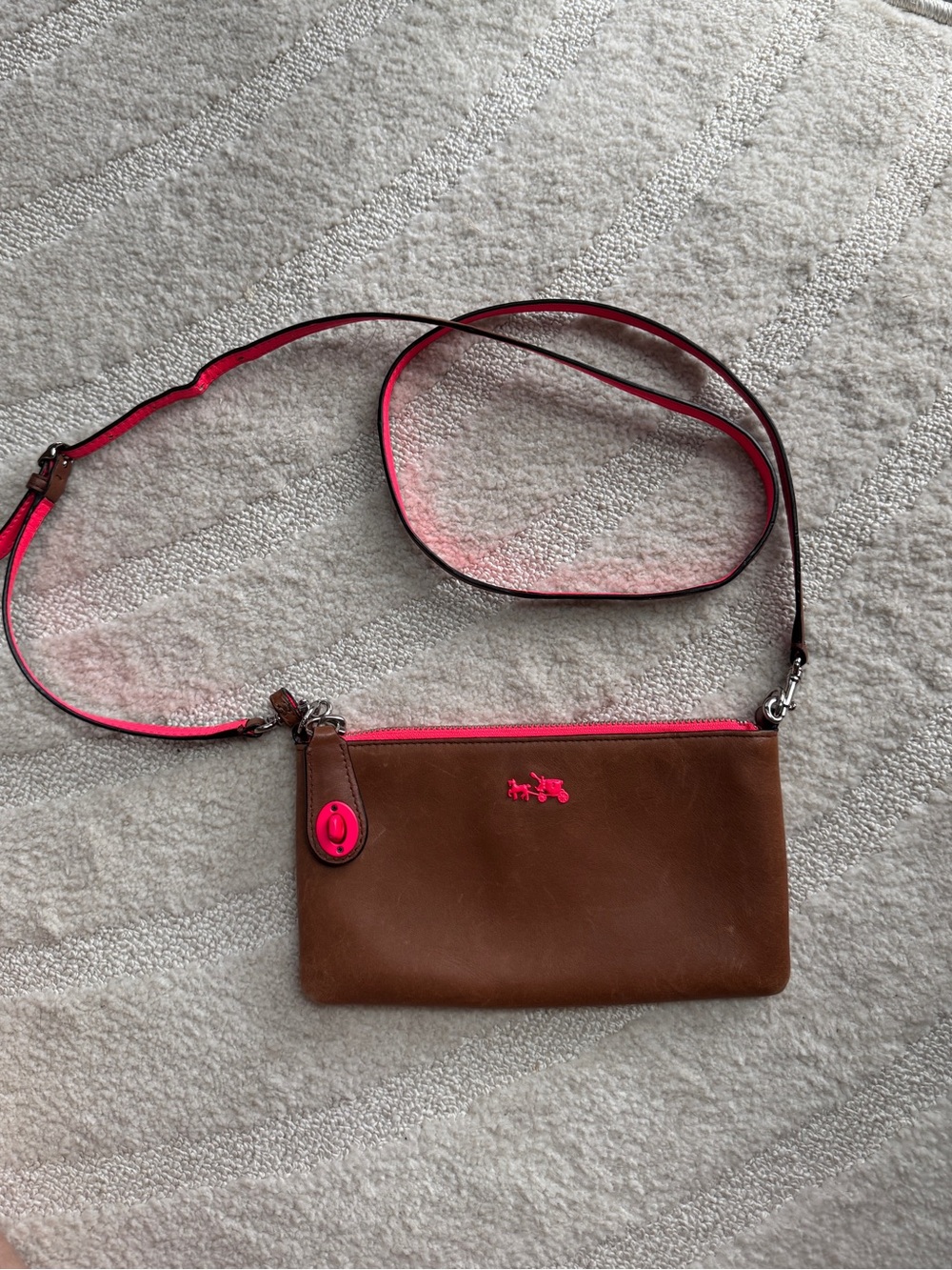 Coach Brown Leather Crossbody Wristlet with Neon Pink Trim